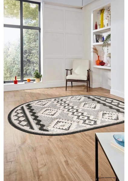 3D Baskılı Kaymaz Yıkanabilir Şık Kilim Desen Oval Yolluk Halısı Salon Halısı O-Modern-68-Krem