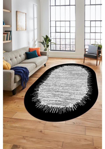 Baskılı Kaymaz Yıkanabilir Sade Desen Oval Yolluk Mutfak Salon Halısı O-Modern-43-Siyah modelleri