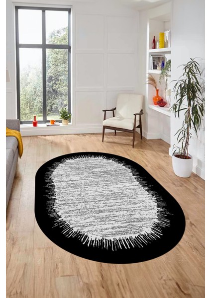 Baskılı Kaymaz Yıkanabilir Sade Desen Oval Yolluk Mutfak Salon Halısı O-Modern-43-Siyah indirimleri