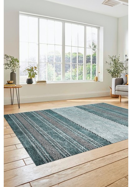 Kilim Desen Özel Tasarım Dijital Kaymaz Yıkanabilir Yolluk Mutfak Salon Halısı Modern-83-Turkuaz