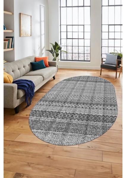 Baskılı Kaymaz Yıkanabilir Şık Kilim Desen Oval Yolluk Halısı Salon Halısı O-Modern-70-Gri