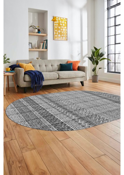 Baskılı Kaymaz Yıkanabilir Şık Kilim Desen Oval Yolluk Halısı Salon Halısı O-Modern-70-Gri fiyatları