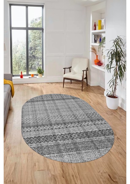 Baskılı Kaymaz Yıkanabilir Şık Kilim Desen Oval Yolluk Halısı Salon Halısı O-Modern-70-Gri modelleri