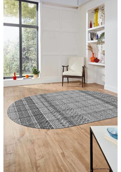 Baskılı Kaymaz Yıkanabilir Şık Kilim Desen Oval Yolluk Halısı Salon Halısı O-Modern-70-Gri fırsatları