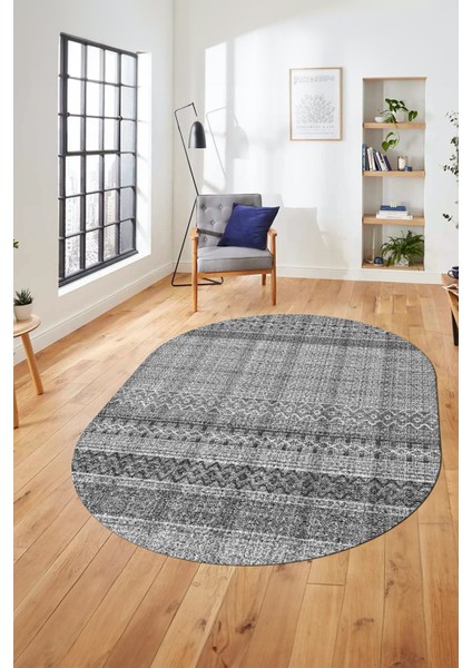Baskılı Kaymaz Yıkanabilir Şık Kilim Desen Oval Yolluk Halısı Salon Halısı O-Modern-70-Gri indirimleri