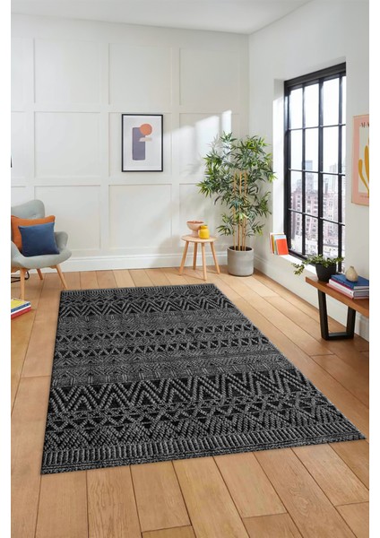 Kilim Desen Özel Tasarım Dijital Kaymaz Yıkanabilir Yolluk Mutfak Salon Halısı Modern-86-Antrasit