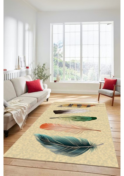 Yaprak Desen Baskılı Kaymaz Taban Yıkanabilir Modern Yolluk Salon Halısı MODERN-114-KREM