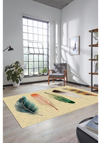 Yaprak Desen Baskılı Kaymaz Taban Yıkanabilir Modern Yolluk Salon Halısı MODERN-114-KREM