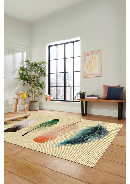 Yaprak Desen Baskılı Kaymaz Taban Yıkanabilir Modern Yolluk Salon Halısı MODERN-114-KREM modelleri