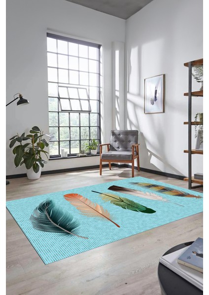 Yaprak Desen Baskılı Kaymaz Taban Yıkanabilir Modern Yolluk Salon Halısı MODERN-114-MAVİ