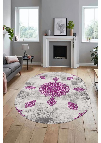 Baskılı Kaymaz Yıkanabilir Oval Koridor Halısı Mutfak Halısı Salon Halısı O-Modern-45-Mor