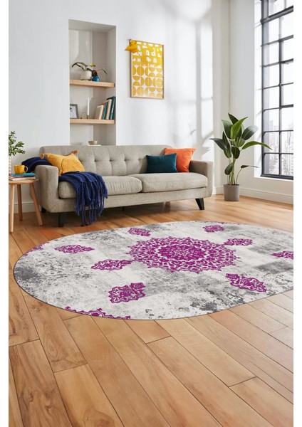 Baskılı Kaymaz Yıkanabilir Oval Koridor Halısı Mutfak Halısı Salon Halısı O-Modern-45-Mor fırsatları