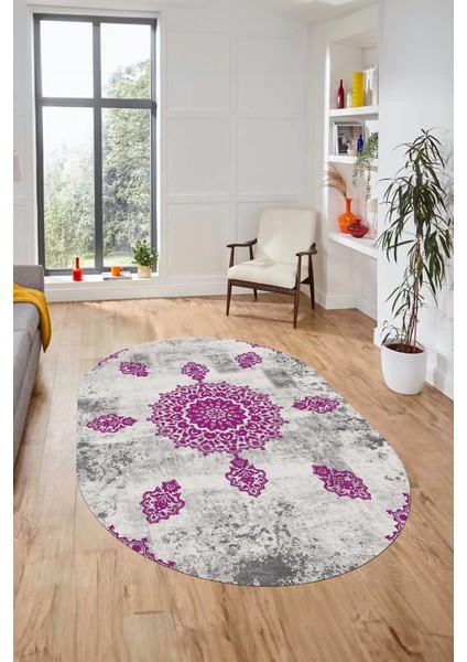 Baskılı Kaymaz Yıkanabilir Oval Koridor Halısı Mutfak Halısı Salon Halısı O-Modern-45-Mor indirimleri