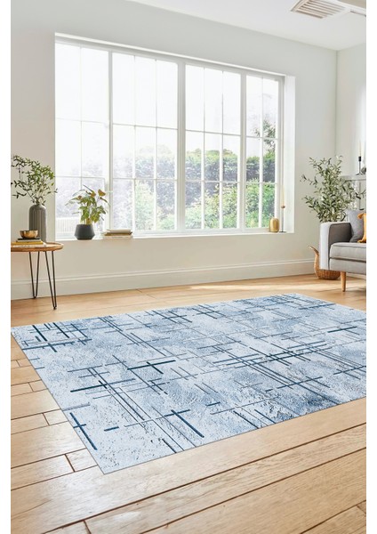 Sade Desen Modern Dijital Kaymaz Yıkanabilir Yolluk Mutfak Salon Halısı Modern-89-Mavi