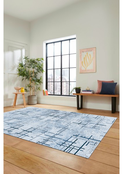 Sade Desen Modern Dijital Kaymaz Yıkanabilir Yolluk Mutfak Salon Halısı Modern-89-Mavi indirimleri