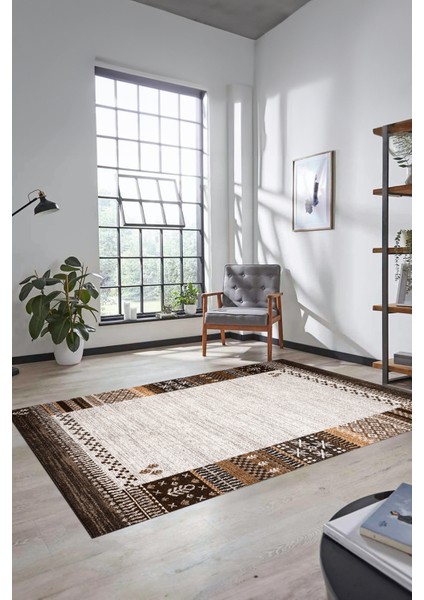 Etnik Baskılı Kaymaz Taban Yıkanabilir Yolluk Mutfak Salon Halısı MODERN-119-KAHVE