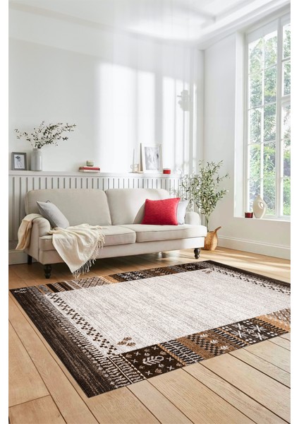 Etnik Baskılı Kaymaz Taban Yıkanabilir Yolluk Mutfak Salon Halısı MODERN-119-KAHVE indirimleri