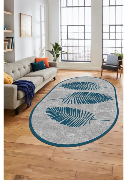 Baskılı Kaymaz Yıkanabilir Modern Yaprak Desen Oval Yolluk Mutfak Salon Halısı O-Modern-41-Mavi modelleri