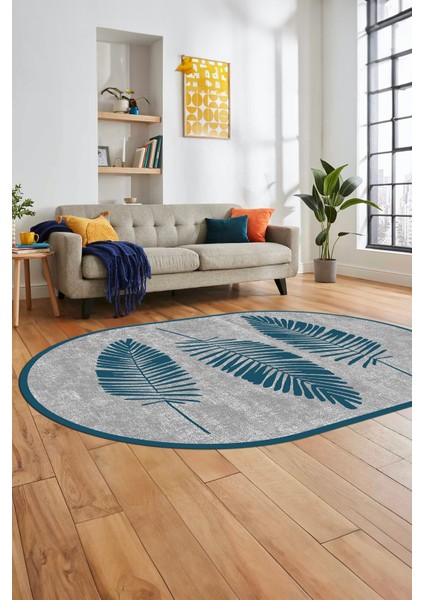 Baskılı Kaymaz Yıkanabilir Modern Yaprak Desen Oval Yolluk Mutfak Salon Halısı O-Modern-41-Mavi fırsatları