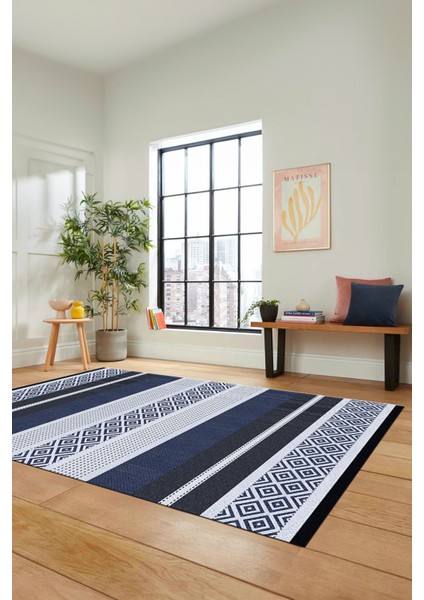 Modern Kilim Desenli Dijital Kaymaz Yıkanabilir Yolluk Mutfak Salon Halısı Modern-18-Lacivert