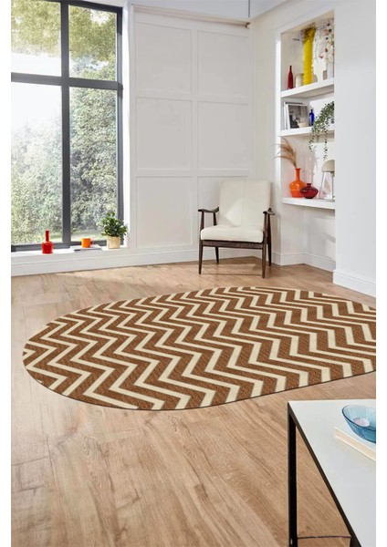 Zikzak Desen Baskılı Kaymaz Taban Yıkanabilir Modern Oval Yolluk Salon Halısı O-MODERN-102-KAHVE fiyatları
