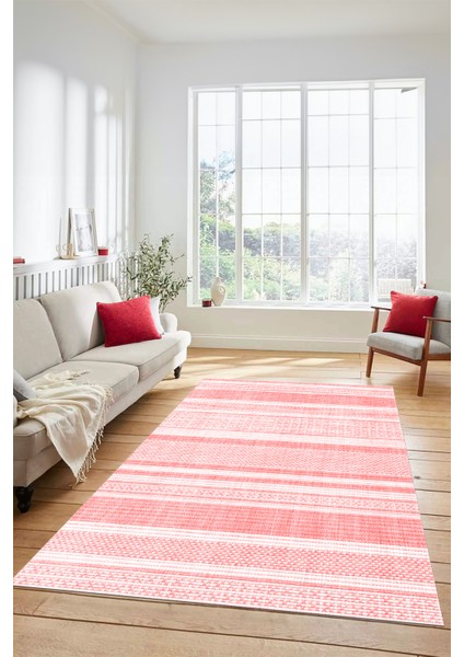 Modern Kilim Desenli Dijital Kaymaz Yıkanabilir Yolluk Mutfak Salon Halısı Modern-36-Pembe