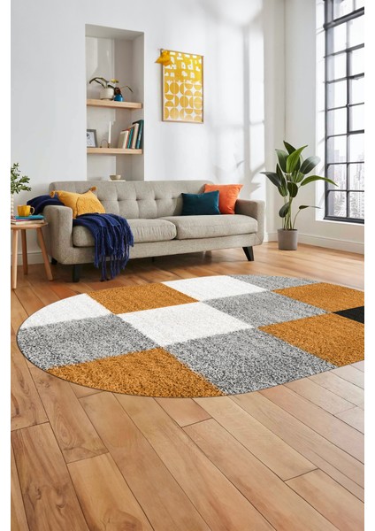 3D Baskılı Kaymaz Yıkanabilir Oval Koridor Halısı Mutfak Halısı Salon Halısı O-Modern-53-Kahve