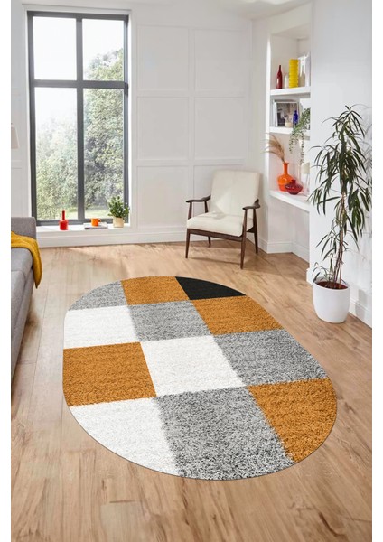 3D Baskılı Kaymaz Yıkanabilir Oval Koridor Halısı Mutfak Halısı Salon Halısı O-Modern-53-Kahve