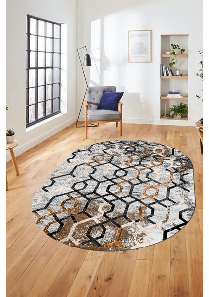 Baskılı Kaymaz Taban Yıkanabilir Şık Modern Yolluk Mutfak Oval Salon Halısı O-Modern-03-Kahve