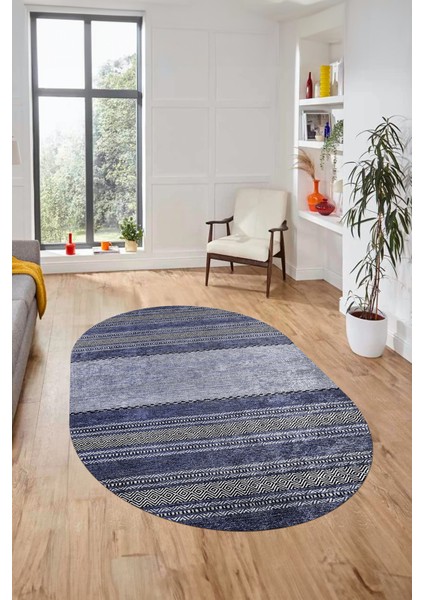 Kilim Desen Özel Tasarım Dijital Kaymaz Yıkanabilir Oval Yolluk Salon Halısı O-Modern-83-Mavi