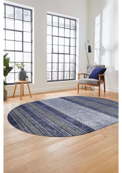 Kilim Desen Özel Tasarım Dijital Kaymaz Yıkanabilir Oval Yolluk Salon Halısı O-Modern-83-Mavi