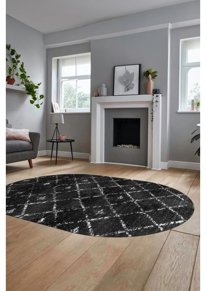 Baskılı Kaymaz Yıkanabilir Kilim Desen Oval Yolluk Mutfak Halısı Salon Halısı O-Modern-57-Antrasit
