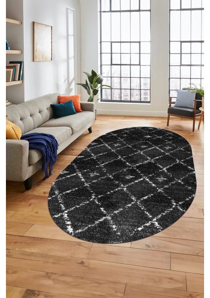 Baskılı Kaymaz Yıkanabilir Kilim Desen Oval Yolluk Mutfak Halısı Salon Halısı O-Modern-57-Antrasit fiyatları