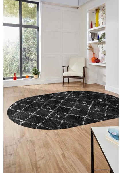 Baskılı Kaymaz Yıkanabilir Kilim Desen Oval Yolluk Mutfak Halısı Salon Halısı O-Modern-57-Antrasit indirimleri