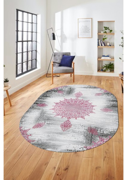 Baskılı Kaymaz Taban Yıkanabilir Göbekli Modern Yolluk Mutfak Oval Salon Halısı O-Modern-06-Pembe