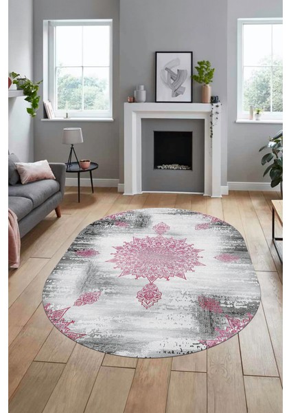 Baskılı Kaymaz Taban Yıkanabilir Göbekli Modern Yolluk Mutfak Oval Salon Halısı O-Modern-06-Pembe modelleri