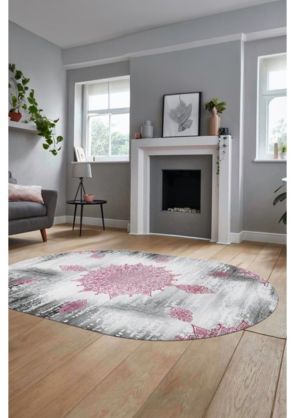 Baskılı Kaymaz Taban Yıkanabilir Göbekli Modern Yolluk Mutfak Oval Salon Halısı O-Modern-06-Pembe fırsatları