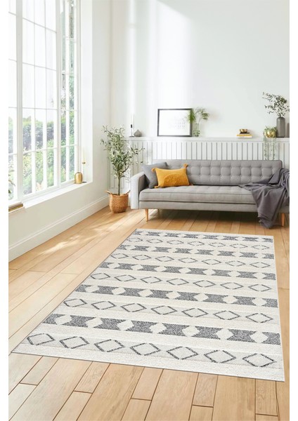Baskılı Kaymaz Yıkanabilir Kilim Desen Yolluk Mutfak Halısı Salon Halısı Modern-64-Krem