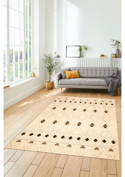 Baskılı Kaymaz Yıkanabilir Şık Kilim Desen Yolluk Mutfak Halısı Salon Halısı Modern-65-Krem