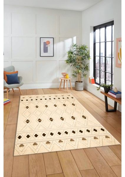 Baskılı Kaymaz Yıkanabilir Şık Kilim Desen Yolluk Mutfak Halısı Salon Halısı Modern-65-Krem indirimleri