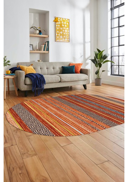 Modern Kilim Dijital Kaymaz Yıkanabilir Oval Yolluk Mutfak Salon Halısı O-Modern-17-Turuncu indirimleri