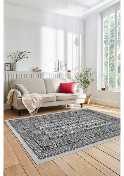 Etnik Desen Baskılı Kaymaz Taban Yıkanabilir Modern Yolluk Salon Halısı MODERN-113-GRİ indirimleri