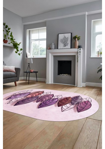 Baskılı Kaymaz Taban Yıkanabilir Yaprak Desenli Yolluk Mutfak Oval Salon Halısı O-Modern-08-Mor