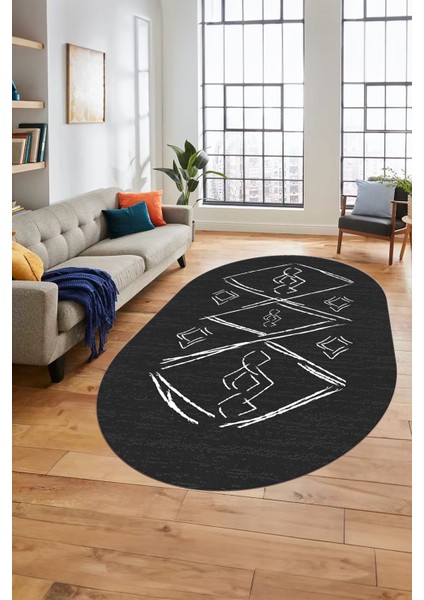Baskılı Kaymaz Yıkanabilir Şık Modern Oval Yolluk Mutfak Halısı Salon Halısı O-Modern-59-Antrasit fiyatları