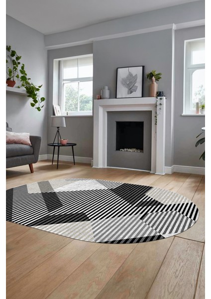 Baskılı Kaymaz Taban Yıkanabilir Şık Modern Yolluk Mutfak Oval Salon Halısı O-Modern-09-Siyah fırsatları