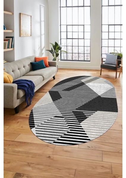 Baskılı Kaymaz Taban Yıkanabilir Şık Modern Yolluk Mutfak Oval Salon Halısı O-Modern-09-Siyah indirimleri