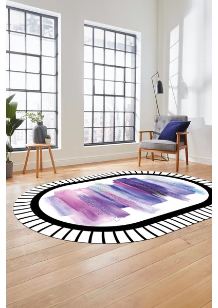Renkli Modern Dijital Kaymaz Yıkanabilir Oval Yolluk Mutfak Salon Halısı O-Modern-22-Mor