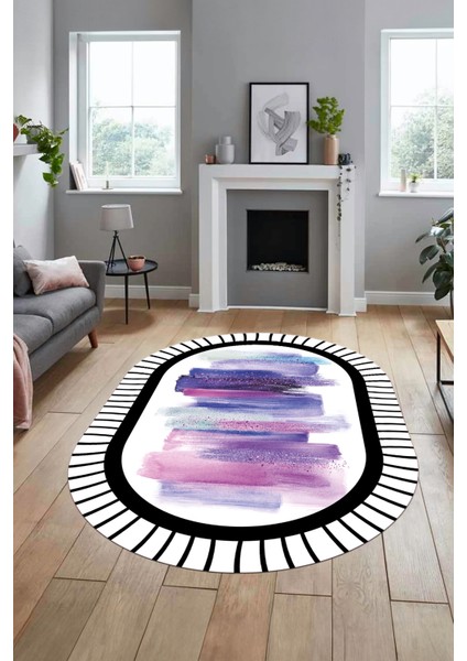 Renkli Modern Dijital Kaymaz Yıkanabilir Oval Yolluk Mutfak Salon Halısı O-Modern-22-Mor fiyatları
