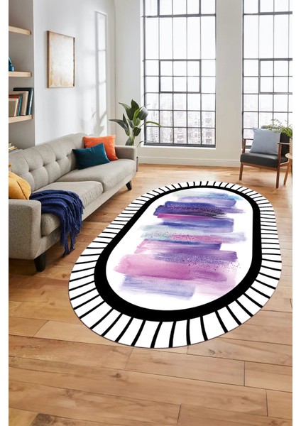 Renkli Modern Dijital Kaymaz Yıkanabilir Oval Yolluk Mutfak Salon Halısı O-Modern-22-Mor fırsatları