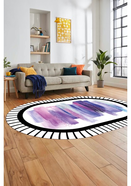 Renkli Modern Dijital Kaymaz Yıkanabilir Oval Yolluk Mutfak Salon Halısı O-Modern-22-Mor indirimleri